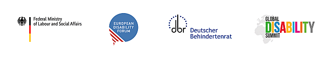 Logoleiste mit den Logos vom BMAS, European Disability Forum, Deutscher Behindertentat DBR und Global Disability Summit