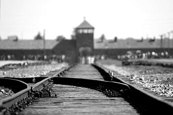 Das Foto zeigt die Zugschienen, die auf den Eingang des Vernichtungslagers Auschwitz zuführen. Das Bild ist in schwarz-weiß